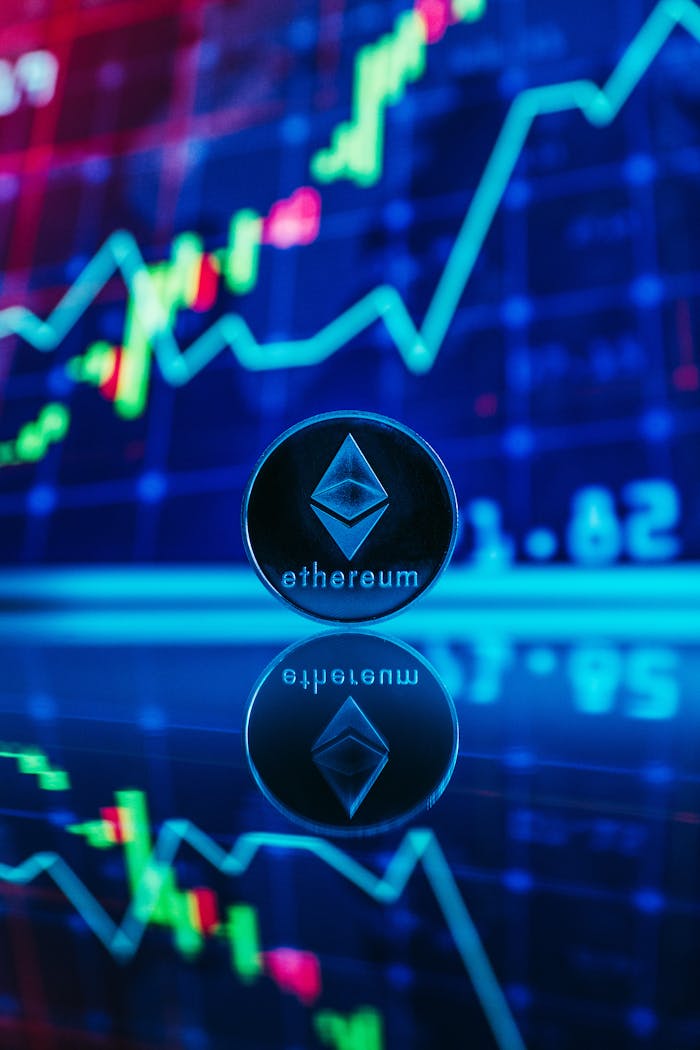 about-01 Ethereum coin with digital trading graph, symbolizing cryptocurrency market dynamics.
